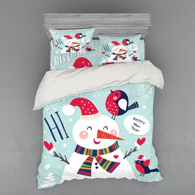 Cheerful Merry X-Mas Illustration with A Bird and Snowman Fun Winter Celebration Duvet Cover Set -  Ambesonne, bsnev_20308_queen