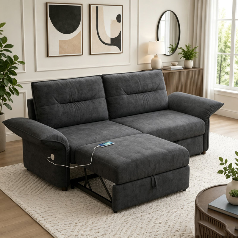 Canapé-lit convertible de 85 pouces avec tissu moelleux et structure en bois robuste, Tissu bleu
