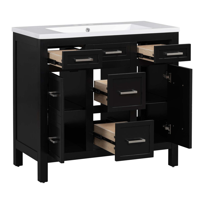 Meuble-lavabo 36 po avec lavabo intégré en résine - 4 tiroirs, 2 portes, Noir