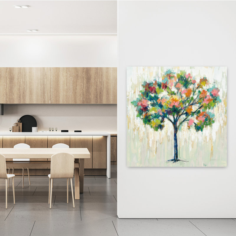 Art contemporain contemporain avec arbre en fleurs neutre et arbres, H 48 po x l 48 po
