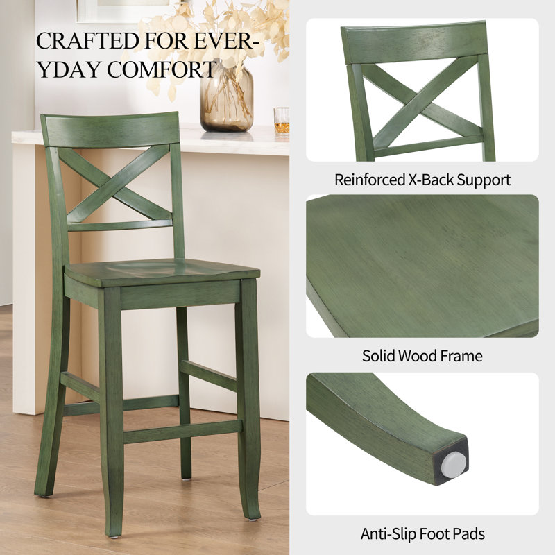 Solid Wood X-Back Counter Height Bar Stool, Green