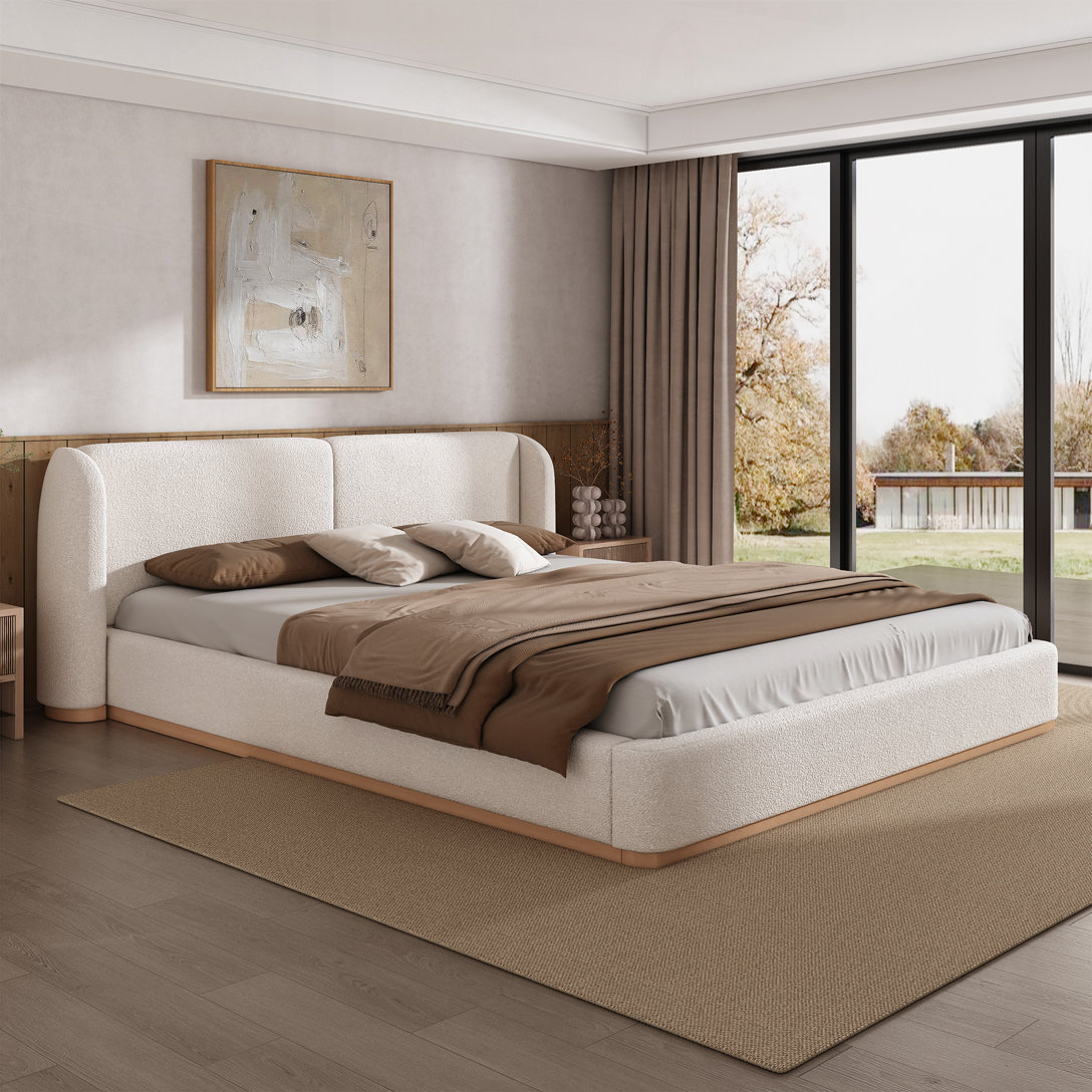 Ebern Designs Boucle Fabric Bed Frame with Upholstered Wingback ...