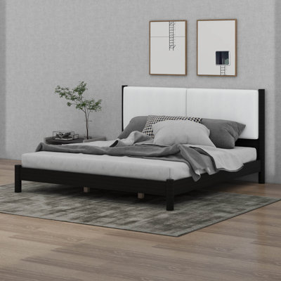 Lit plateforme avec tête de lit tapissier en similicuir, base de lit en bois avec support à lattes pour la chambre à coucher