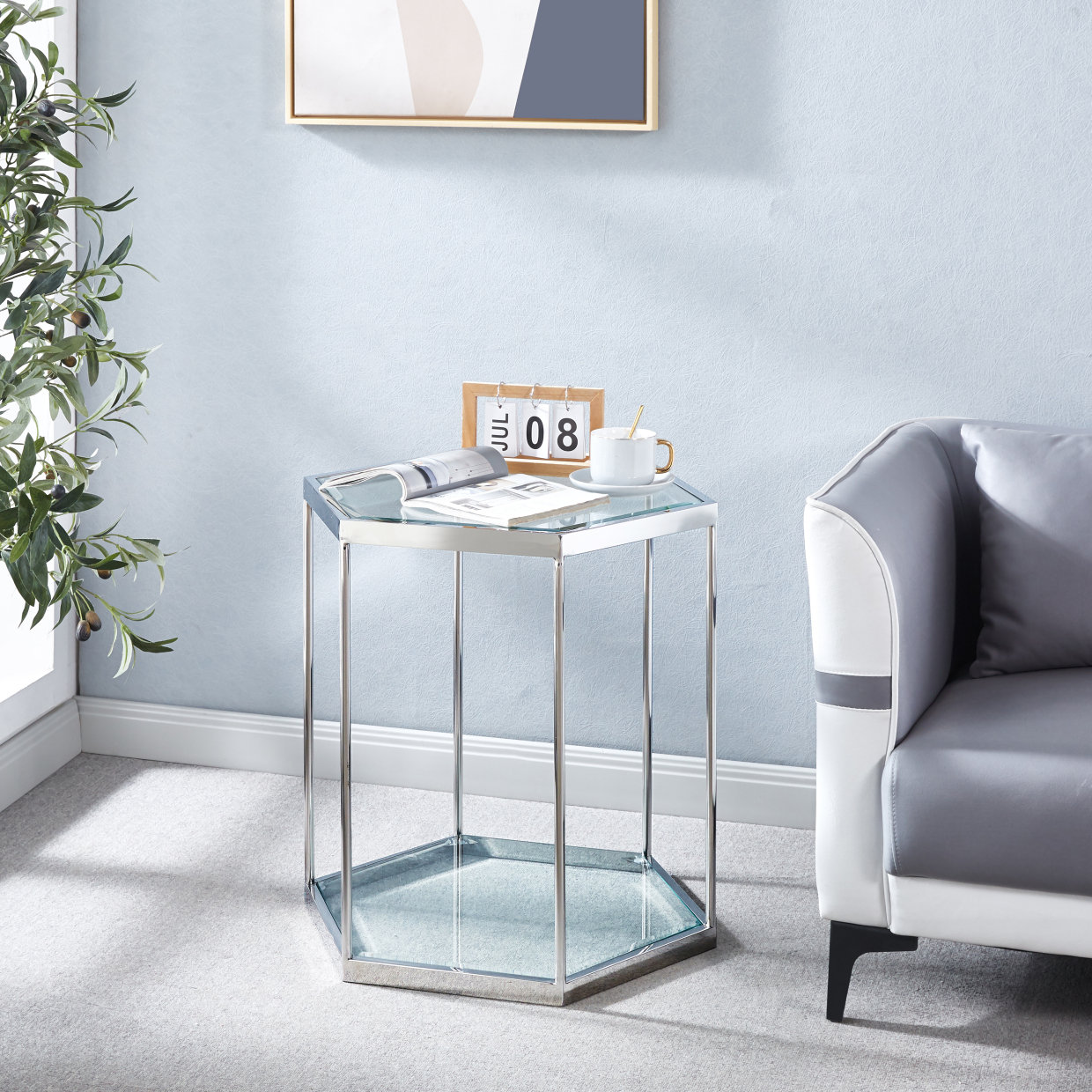 Mercer41 Modern Glass End Table With Gold Finish Stainless Steel Frame ...