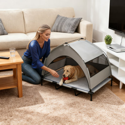 1 lit pour chien surélevé / canapé pour animal avec auvent amovible, gris clair / noir - idéal pour les grands chiens, protection solaire à 3 côtés, filet respirant + coussin de refroidissement, sac de rangement (transport facile), tissu Oxford / construction en acier