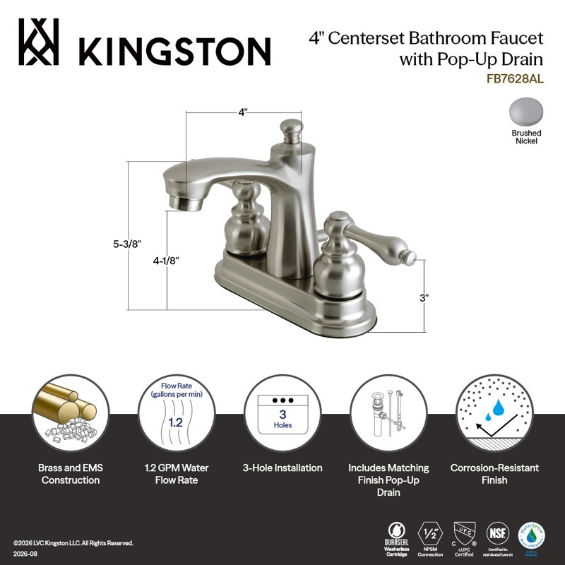 Kingston Brass Victorian Two-Handle 3-Hole Deck Mount 4" Centerset Bathroom Faucet with Plastic Pop-Up, Brushed Nickel