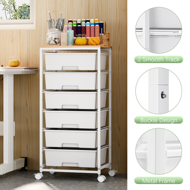 Rolling Storage Drawers with Wheels ,Utility Cart with 6 Large Drawers and Wooden Tabletop, White