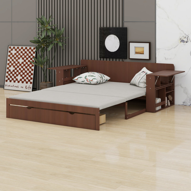 Lit de jour avec bureau amovible, tiroirs de rangement et table d'appoint hydraulique, Grand lit, Espresso
