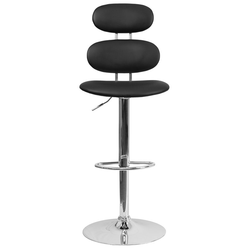 Contemporary Vinyl Adjustable Height Barstool with Ellipse Back and Chrome Base, Black