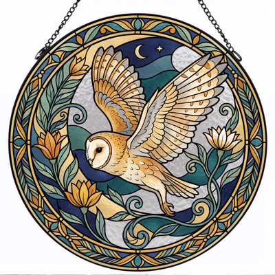 Owl Flight Stained Glass Window Panel，7.8H