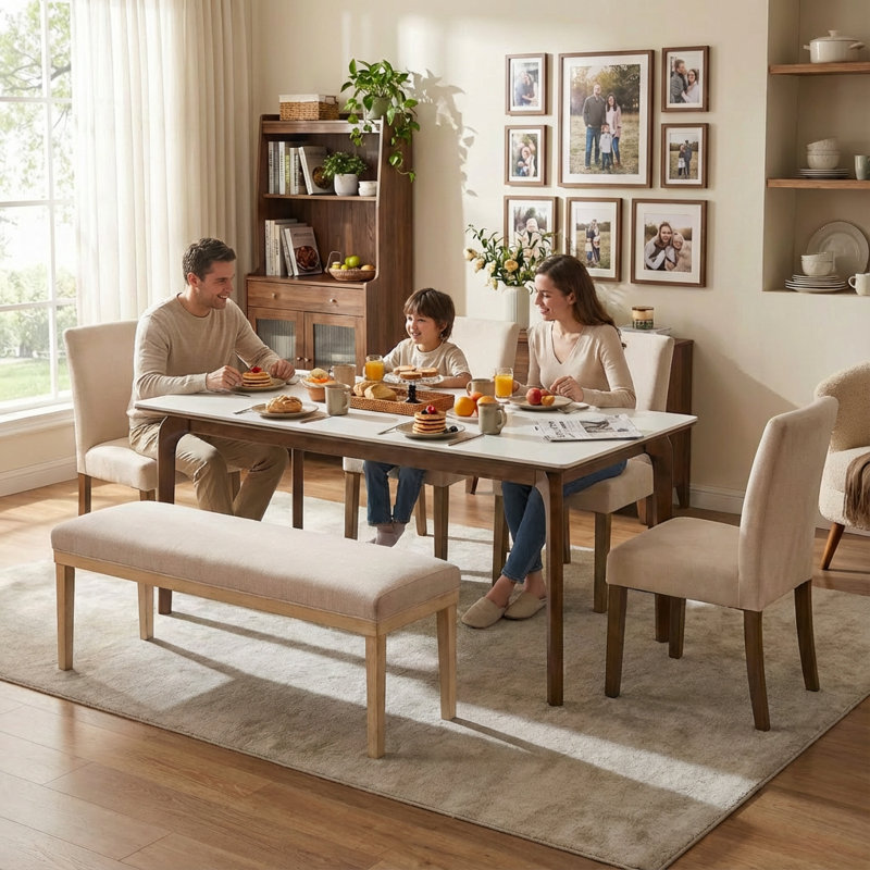 Person Dining Chairs Set With Upholstered Chairs And Bench For 2-4 Person, Light Brown, Ivory/Beige