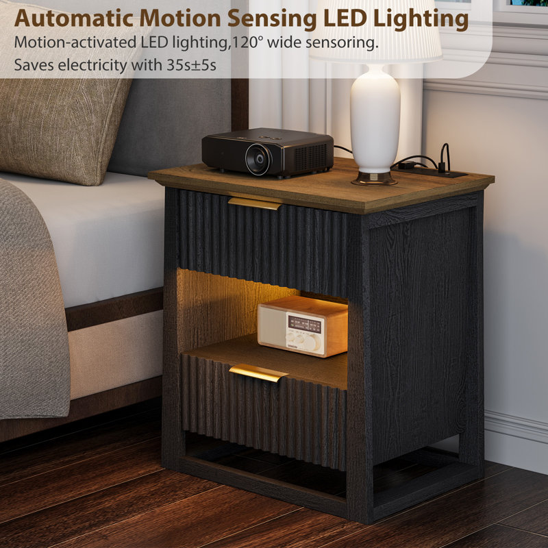 2 Drawer End Tables Set With Storage And Built-In Outlets For Livign Room,Bedroom,Led End Side Tables, Black