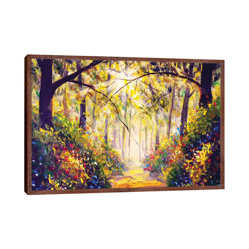 Sunny Forest Wood Trees by Valery Rybakow - Painting on Canvas, 66.04cm H x 101.6cm W x 3.81cm D, Classic Brown Wood Framed