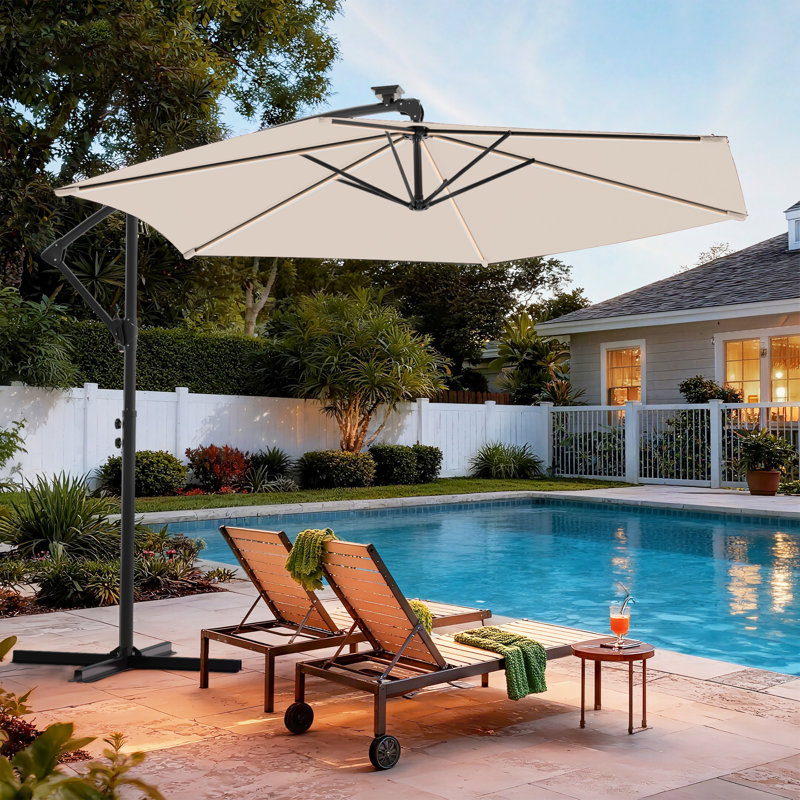 Parasol décalé de patio de 10 pi, parasol d'extérieur robuste avec verrou de sécurité et poteau surélevé et 6 bandes lumineuses