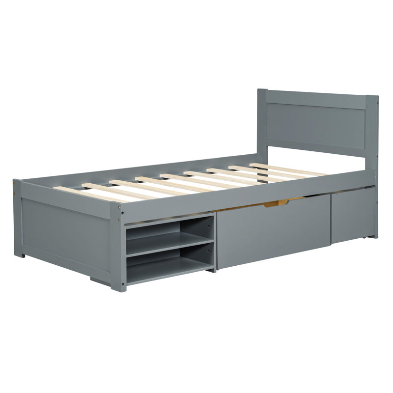 Lit plateforme avec tiroir et deux tablettes, Simple, Gris antique