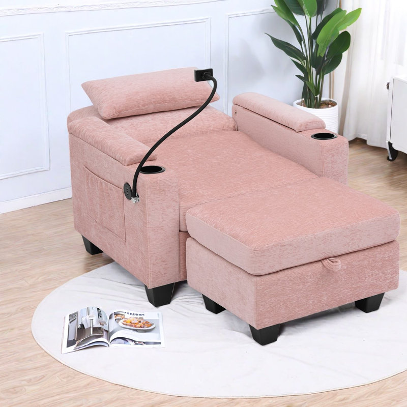 Fauteuil inclinable multifonctionnel rose avec rangement et port USB pour la maison
