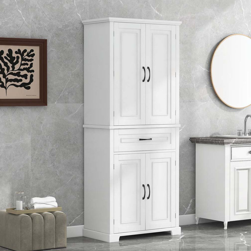 Armoire de rangement de salle de bain avec portes et tiroirs, panier à linge inclinable, plusieurs espaces de rangement