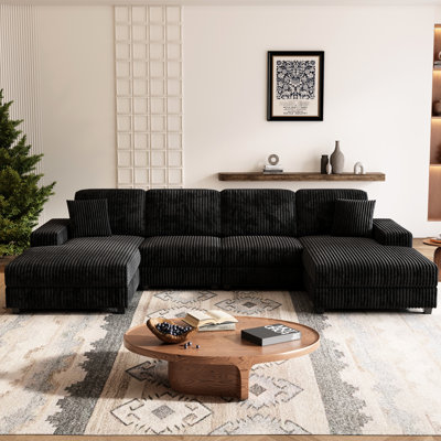 Fauteuil convertible double en forme de U, velours côtelé noir, siège double à 4 places, tissu respirant, structure en bois massif, pièces détachables en velours côtelé de salon en forme de U, noir, avec siège confortable, haut