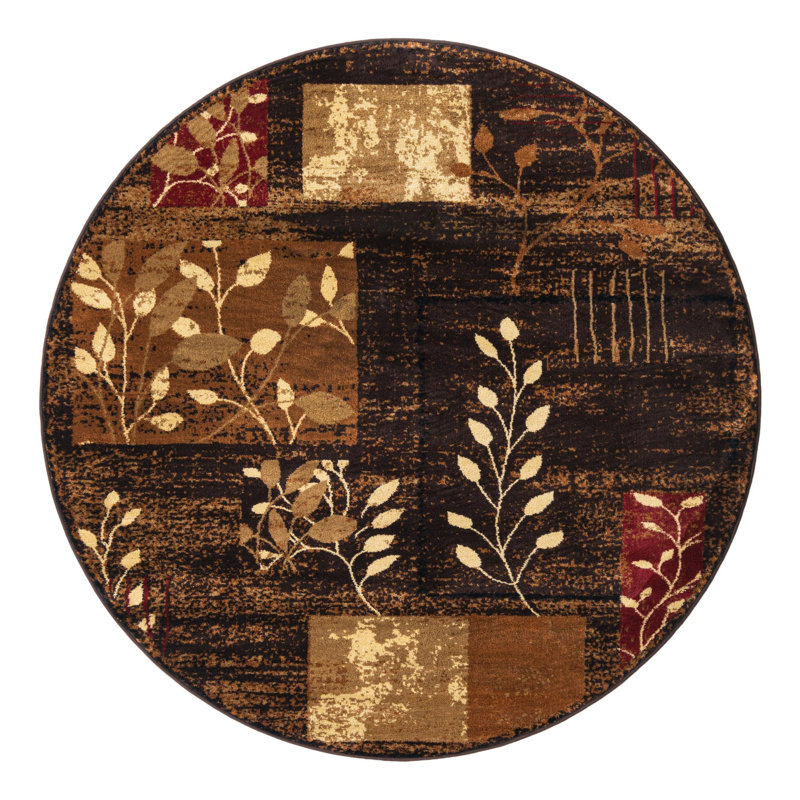 Tapis floral brun / jaune en polypropylène tissé à la machine Mehtap, Rond 6 pi