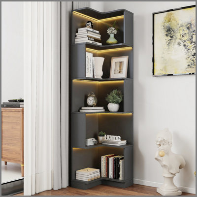 Corner Book Shelf - 5 Tier Corner Bookshelf Bookcase with Baffle, Freestanding L Shaped Display Shelf Stand with led lights for Home Office, Living Room, Bedroom, Kitchen