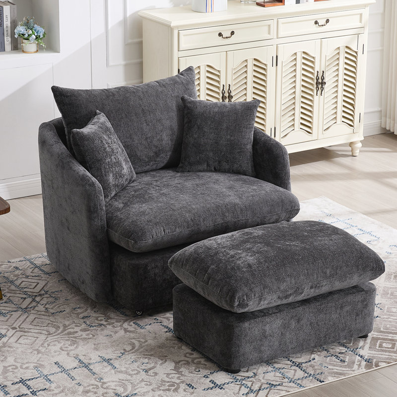 Fauteuil d'appoint pivotant surdimensionné rembourré avec repose-pieds, Tissu gris foncé