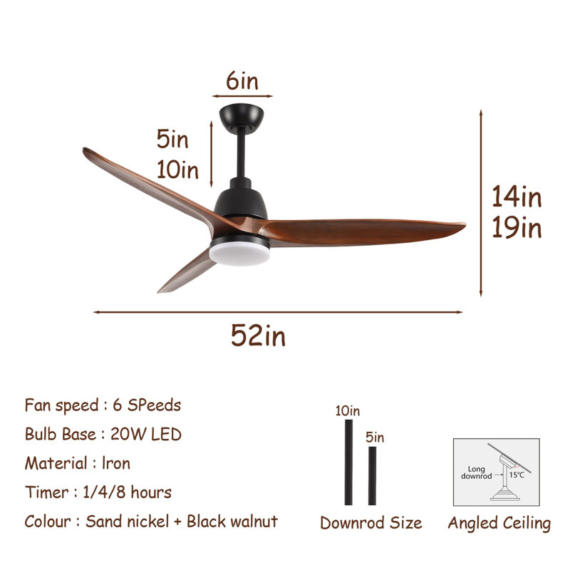 52 Inch Modern Black Ceiling Fan With 3 Color Dimmable 5 Solide Wood Blades Remote Control Reversible DC Motor With Led Light