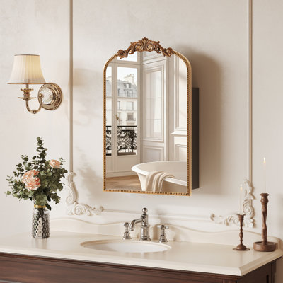 Armoire à pharmacie 16 po x 24 po rétro avec miroir, rangement mural pour salle de bain avec option de montage encastré / en surface, design baroque rétro, bordure or perlée, armoire à miroir facile à installer