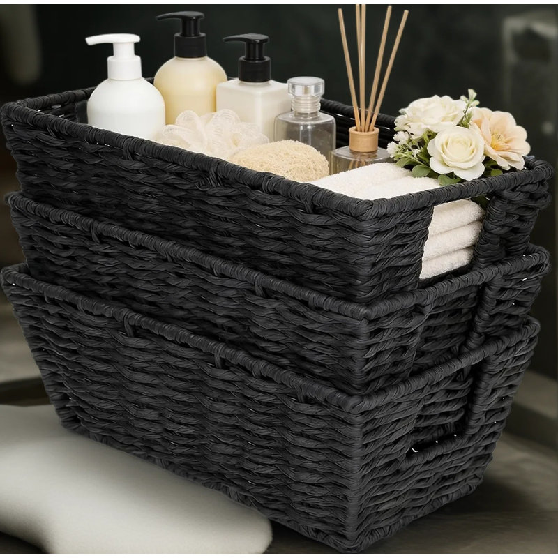 Handwoven Paper Rope Storage Baskets With Handles, Sturdy Organizer Baskets For Shelves, Multipurpose Storage For Bathroom, Living Room, Office, And Kitchen Organization