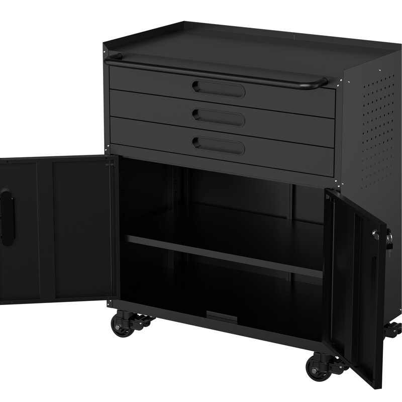 Rolling Tool Cabinet 34.3" - Garage Storage Solution. Heavy Duty Metal With Lockable Doors And 3 Drawers. Silent Drawer Slides Tip Device. Comes Gloves All In One Mobile Workbench For Home. Secure