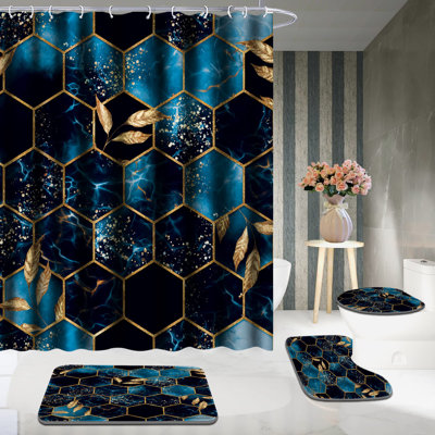 4 Pcs Bathroom Shower Curtain Set,Bathroom Sets With Rugs(Bath Mat,U Shape And Toilet Lid Cover Mat) And 12 Hooks,Sky Blue Honeycomb Marble