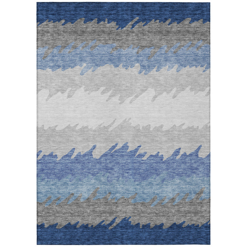 Tapis extérieur lavable rayé bleu marine, gris et argent 9 pi x 12 pi