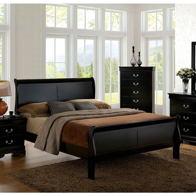 Grand lit en bois massif 1pc, Noir, Grand lit