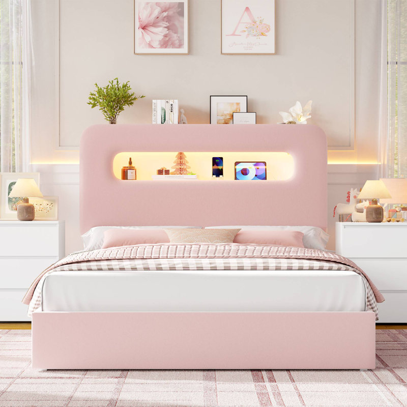 Ensemble de chambre à coucher rembourrée avec rangement 3 pièces, Rose, Lit double