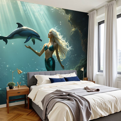 Peel and Stick Wallpaper 96" W x 69" H Modern Self Adhesive Wall Mural for Bedroom Mermaid Dolphin Underwater Fantasy Sunbeams Ocean Wildlife