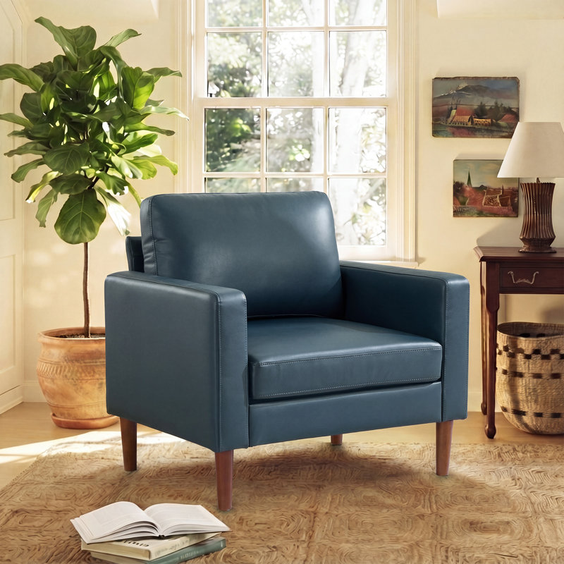 37 " Chenille Accent Chair, Blue Faux Leather