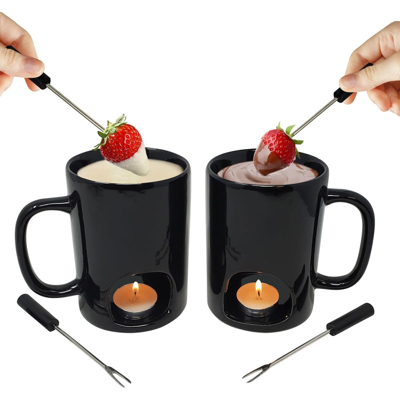 Ensemble de 2 tasses à fondue en céramique noire KOVOT avec fourchettes et bougies chauffe-plat