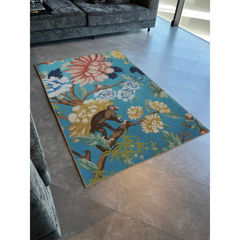 Tapis décoratif moderne à motif de fleurs et de singes de ton bleu, Rectangle 4 pi 7 po x 6 pi 6 po