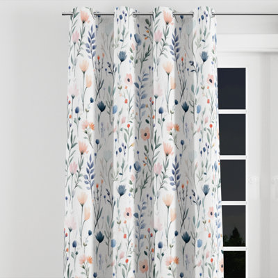 Floral Curtains - Boho Blue And Green Meadow Flowers Grommet Curtain - 1 Panel