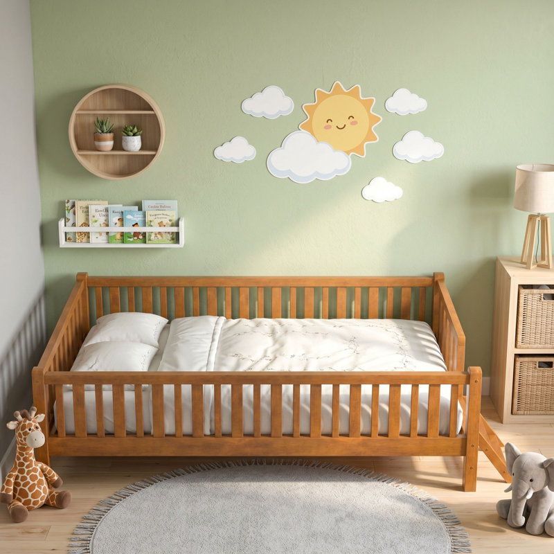 Lit plateforme simple en bois avec garde-corps complets, Noyer