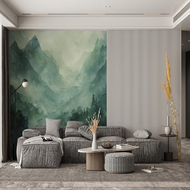 Murale Misty Teal Mountain Valley, 96" L x 108" W
