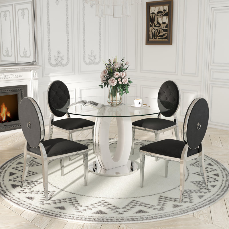 Modern Round Tempered Glass Pedestal Dining Set with Velvet Tufted Dininig Chair, Black/Silver, White/Silver