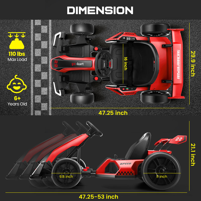 Alex 24V Electric Go Kart Drifting Car With Adjustable Seat, 24V Outdoor Ride On Toy With 4 Speed Mode, Go Cart For Kids 6-12 Years Old, Fast 2X150w Motor, 7.5 MPH, LED Lights, Bluetooth, Red