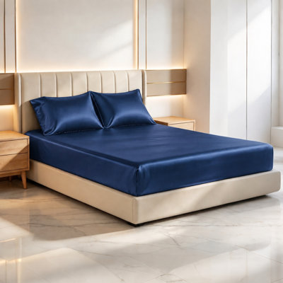 Satin Full Sheets Set - 3 Piece Dark Blue Silky Bed Sheets Set with 17-Inch Deep Pocket, Luxury Silk Feel