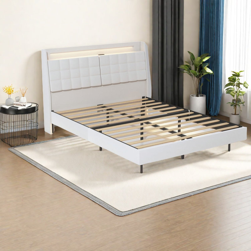 Très grand lit tapissier moderne en velours beige avec rangement à DEL pour la maison