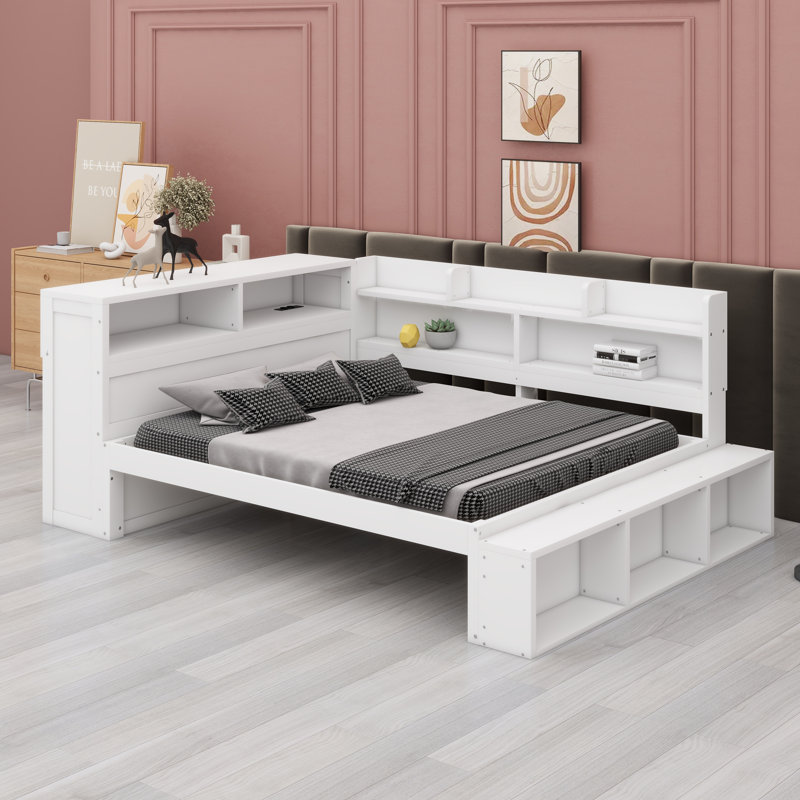 Lit de jour peu encombrant avec armoires, range-chaussures et ports USB, Blanc