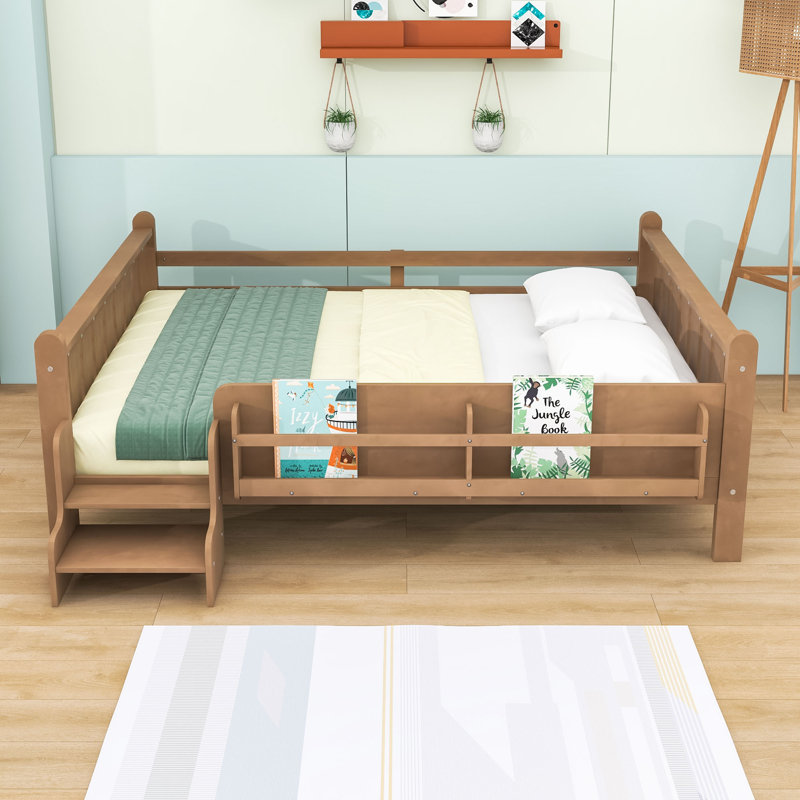 Queen Wood Floor Bed with Storage Bookcases, Natural