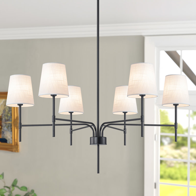 Lustre moderne transitionnel à 6 lumières Agathon avec abat-jour en tissu blanc, Noir mat