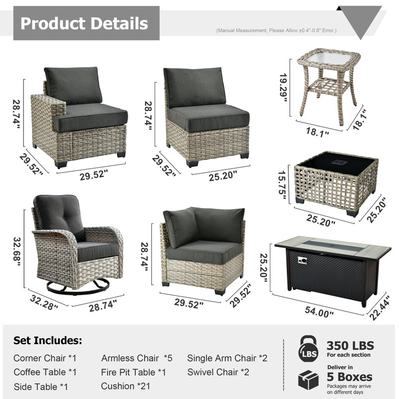 10 - Person Patio Furniture Set with Swivel Rockers, Outdoor Wicker Rattan Sectional Seating Group with Cushions, All Weather Sofa Conversation Set with Fire Pit Table for Garden Backyard