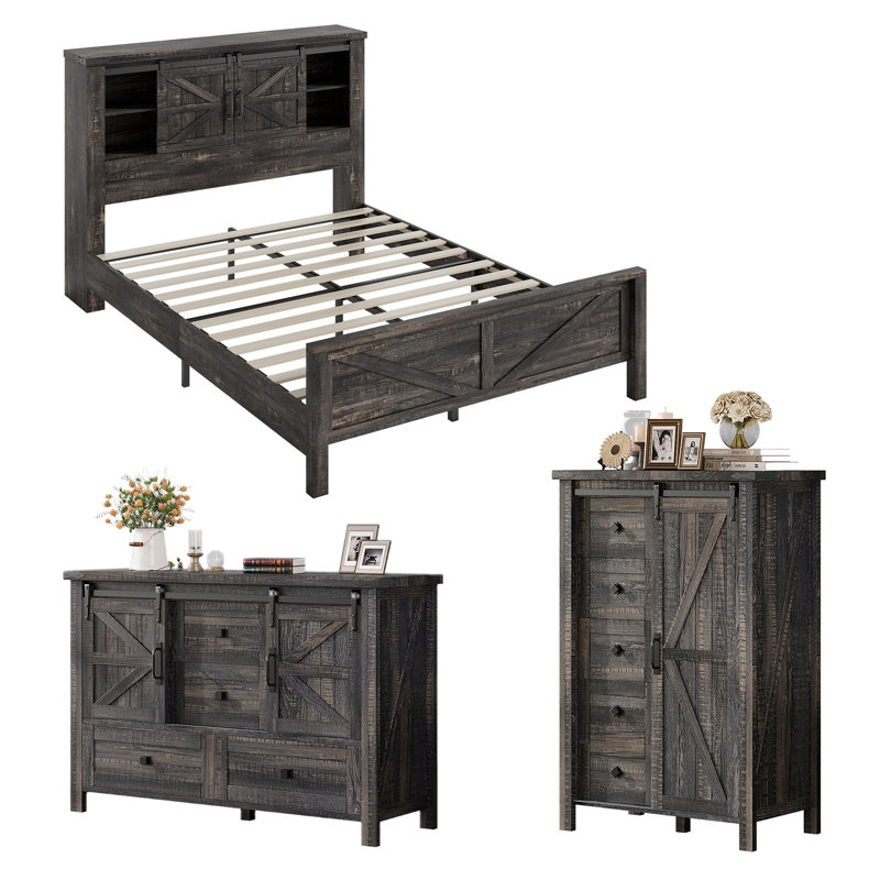 Ensemble de chambre à coucher de style maison de campagne 3 pièces, structure de lit bibliothèque pleine grandeur, commode 5 tiroirs, commode 4 tiroirs, chêne foncé