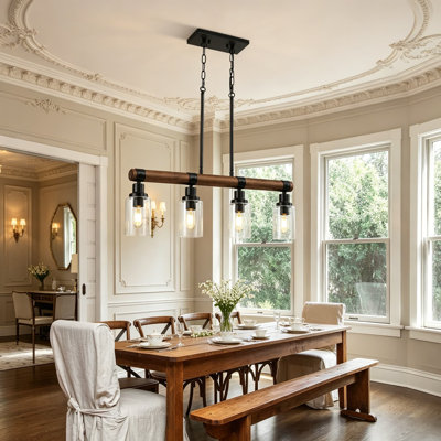 4-Light Farmhouse Chandelier For Dining Room, Rustic Wood And Matte Black Kitchen Island Lighting With Clear Glass Shades, Adjustable Height Ceiling Pendant Light Fixture